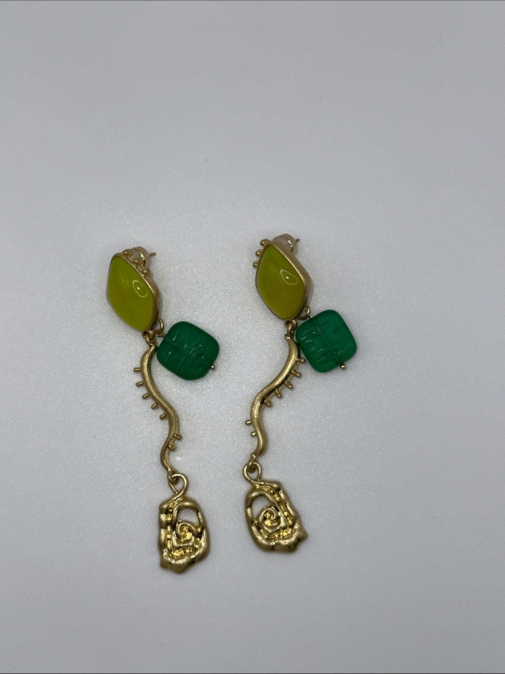Gold Drop Earrings with Lime and Teal Stones - Women Jewelry